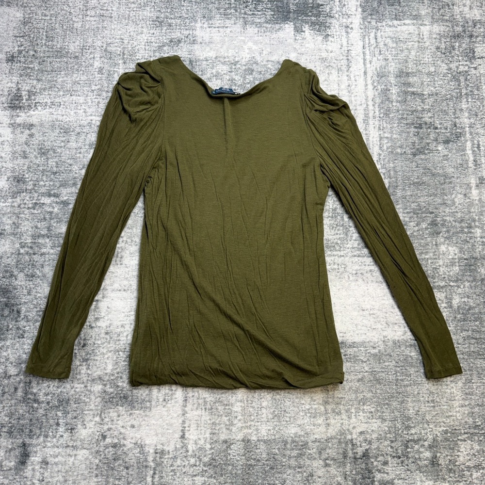 Vintage Ralph Lauren‎ Top Womens XL Olive Green Modal Wool Puff Shoulder Y2K - Picture 9 of 12